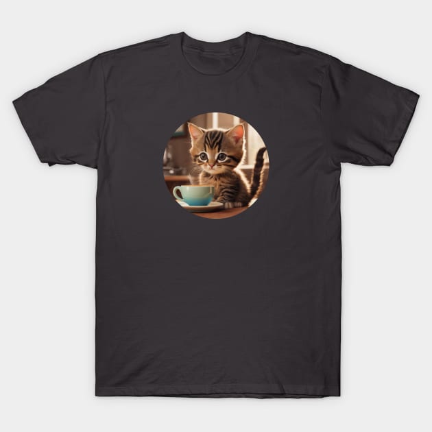 Cute Stripey Kitten With a Cup of Coffee T-Shirt by Cre8tiveSpirit